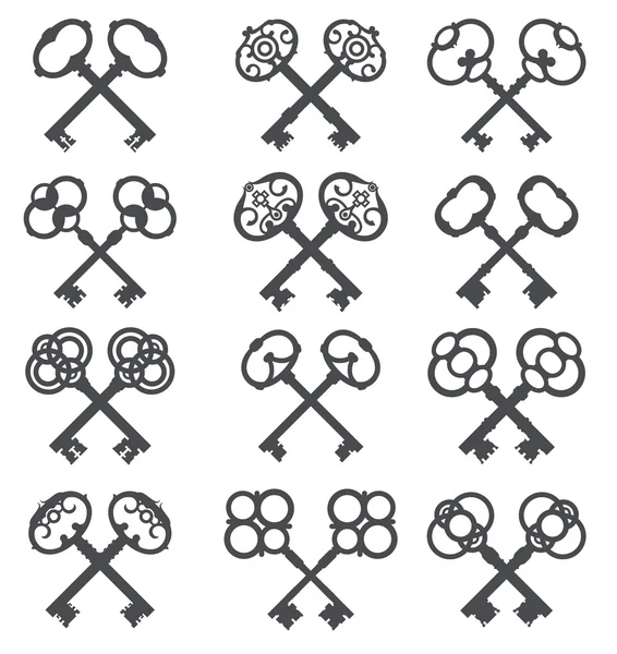 Crossed keys, key icon. Set silhouettes of old keys — Stock Vector