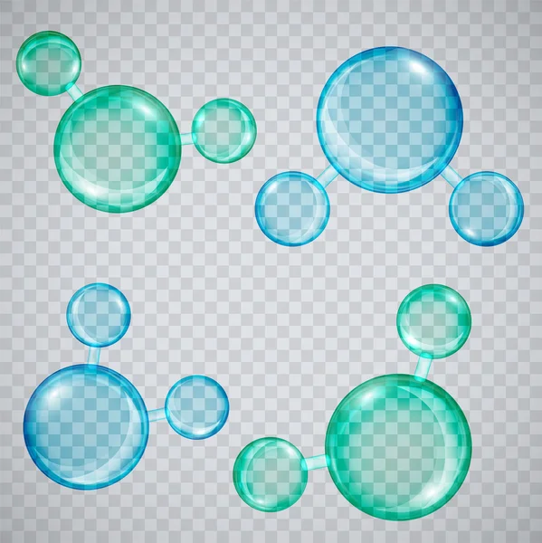 Moléculas de água transparentes em um fundo xadrez verde e azul —  Vetores de Stock