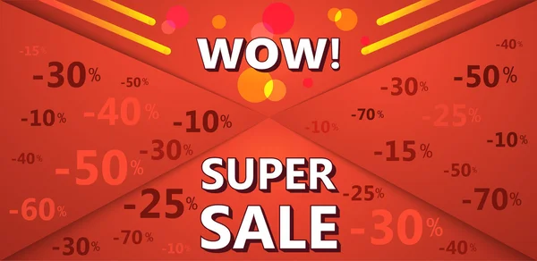 Super sale banner of red color with discount percentages. — Stock Vector