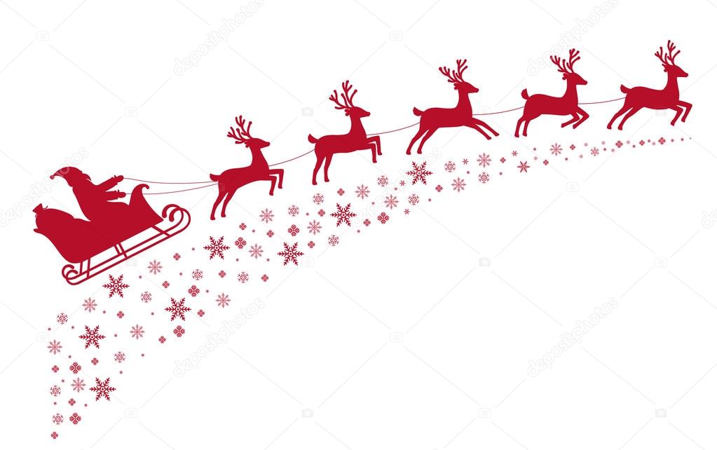 Santa sleigh reindeer flying on background of snow-covered stars.