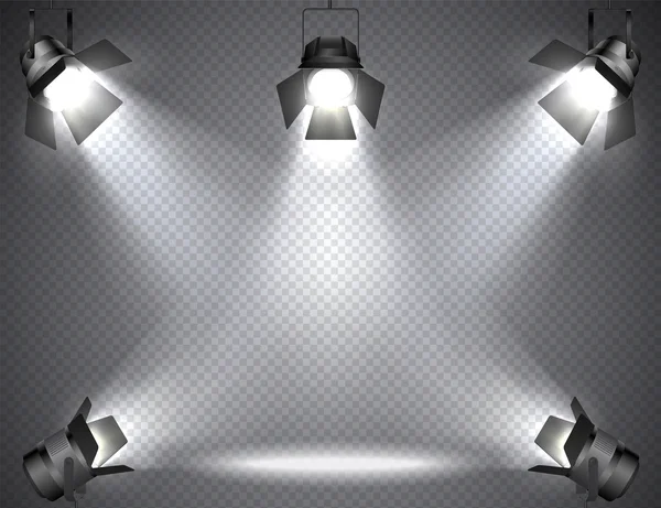 Spotlights with bright lights on transparent background. — Stock Vector