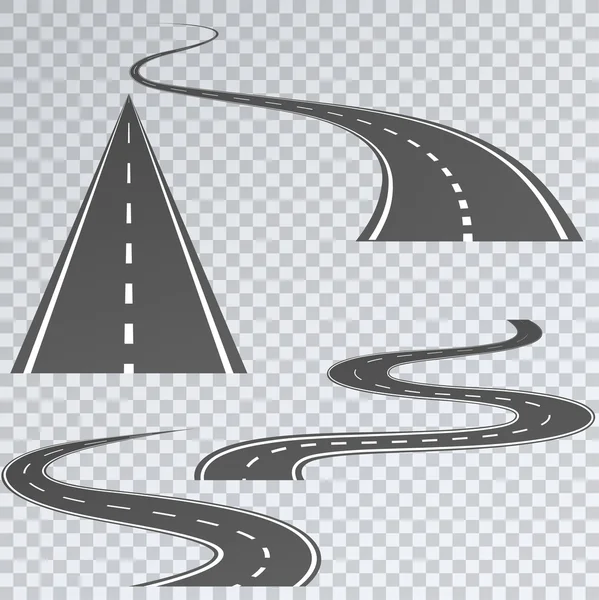 Road with white stripes on a plaid background. Set curved routes — Stock Vector