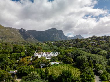 Bulutlu bir gökyüzünün altında, yemyeşil ağaçlarla çevrili, geniş, beyaz bir arazinin ve üzüm bağının havadan görünüşü. Güney Afrika