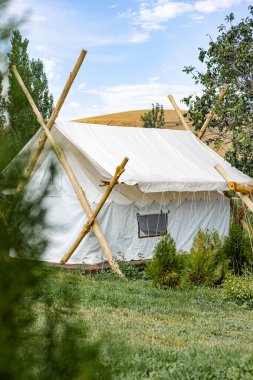 Doğal bir ortamda tahta direkli beyaz çadır, doğanın eşsiz bir karışımı ve konforlu bir konaklama sunuyor.