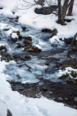 Karlı arazide akan buzla kaplı donmuş dağ deresi, doğal kış manzarası ve soğuk çevre konsepti
