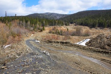 Çamurlu toprak yol, içinden bir dere akıyor, tepeler tarafından çevrelenmiş, odunlar ve yeşil bir kozalaklı orman..