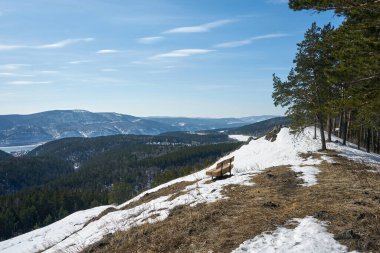 Kış ormanı vadisine bakan karlı bir tepenin üzerindeki boş ahşap bank. Seyahat ve doğa keşfi için güzel bir manzara..