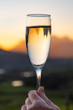 Güneş batarken şampanya kadehini köpüklü şarapla tutan beyaz bir el. Yeni yıl ya da Noel etkinliği için kutlama ve özel durum kavramı.