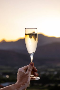 Elinde vitiligo olan şampanya kadehi tutan bir adam Stellenbosch dağlarının tepesinde günbatımı. Cape Wineland 'da kaliteli şarabın kutlanması.