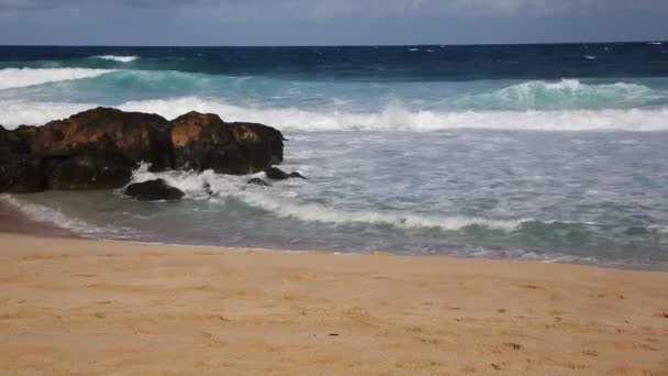 Quebrando ondas e rochas na praia — Vídeo de Stock