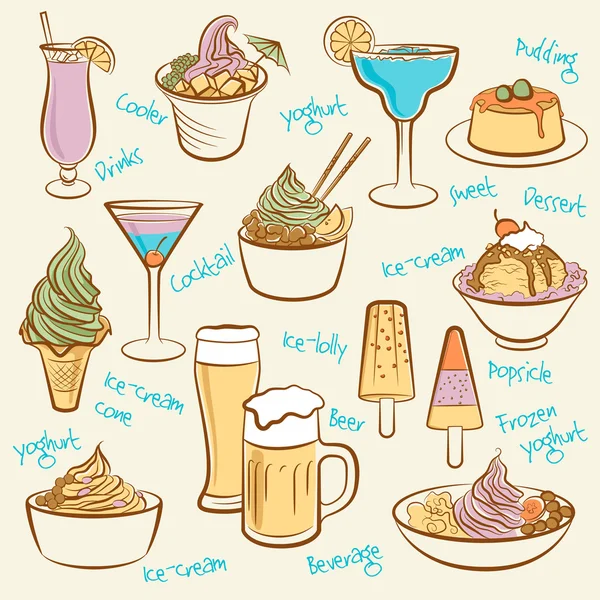 Conjunto de helado. Línea de dibujo de bebidas . — Archivo Imágenes Vectoriales