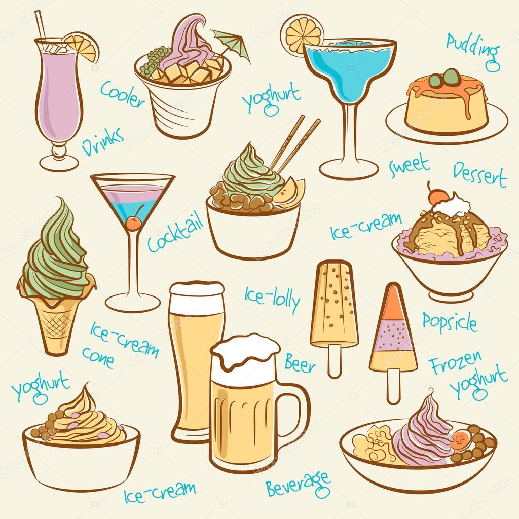 Set of ice cream. Line drawing of drinks.