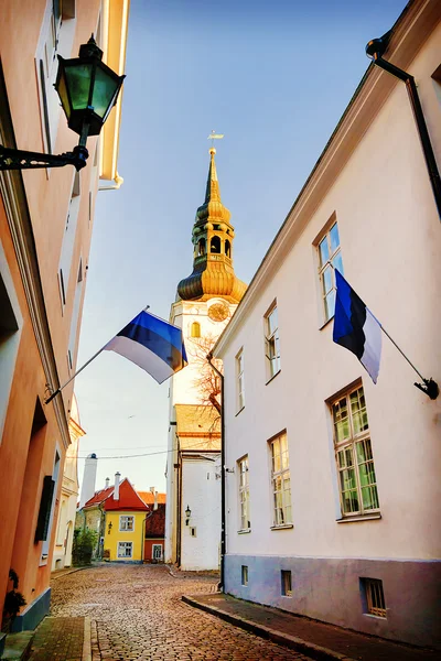 Vista de la iglesia de Santa María y la calle con banderas estonias. Tallin . —  Fotos de Stock
