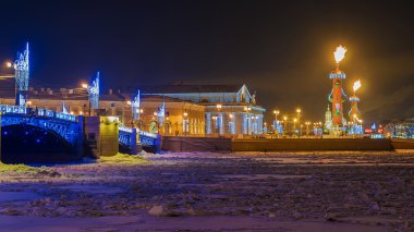 St Petersburg kış gece görünümünde rostral sütunları