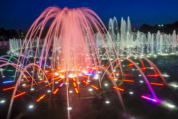 colorful jet fountain at night