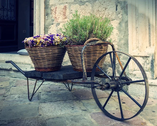 Alte Schubkarre mit Körben voller Blumen — Stockfoto