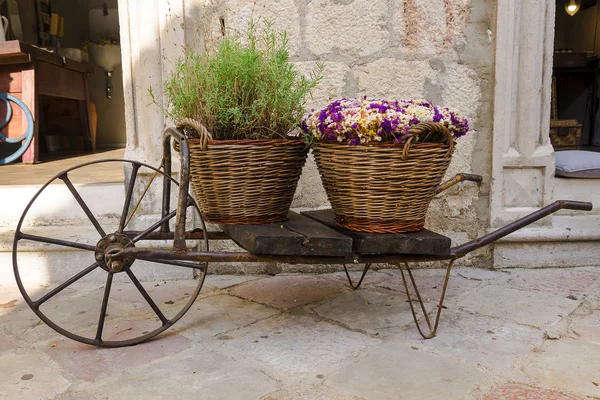 Velho carrinho de mão com cestas de flores — Fotografia de Stock