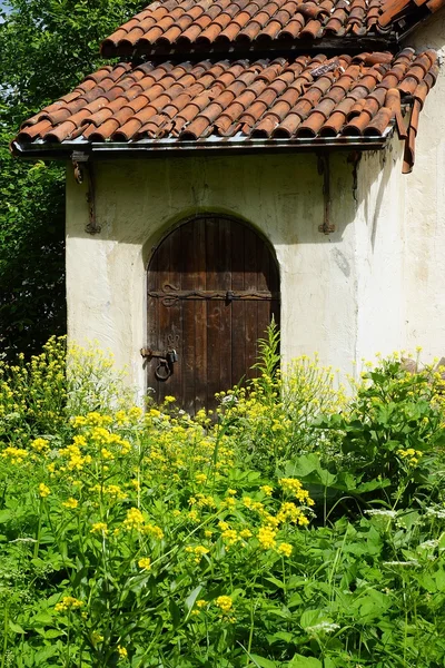 Porta in una vecchia casa abbandonata con tetto piastrellato ricoperto di verde — Foto Stock