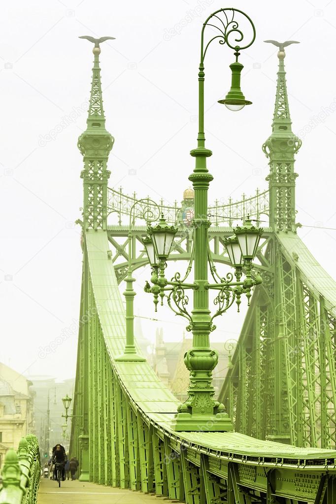 Foggy morning. Freedom Bridge in Budapest, Hungary
