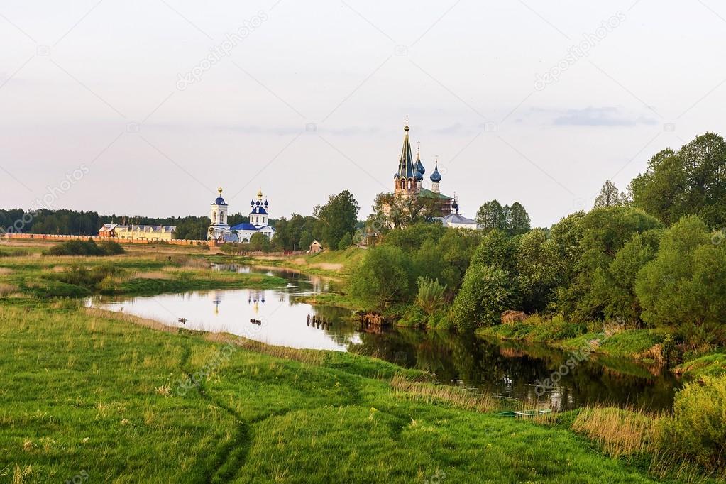 evening landscape Russian village churches