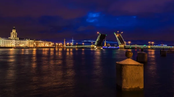 Vista nocturna del Puente del Palacio, San Petersburgo, Rusia — Foto de Stock