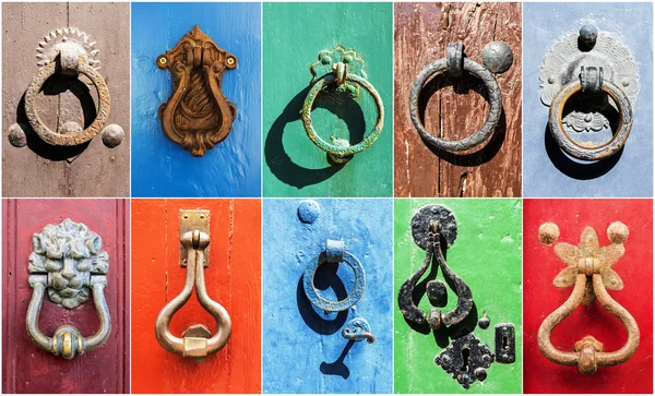 Collage of vintage iron handles on old doors — Stock Photo, Image