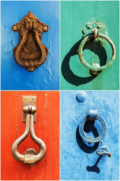 Колаж старих залізних ручок на старих дверях — стокове фото