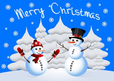 Noel şapka köknar ağaçlarının karşı yapılan kardan adam. Vektör.