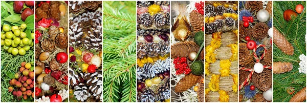 Christmas collage from cones, fir-tree branches and decorations — Stock Photo, Image