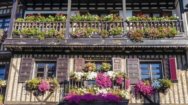 Старий будинок з балконом, прикрашений квітами — стокове фото