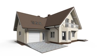 Evin 3D görüntüsü beyaz renkte izole edilmiş.