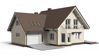 Evin 3D görüntüsü beyaz renkte izole edilmiş.