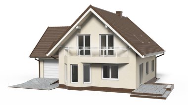 Evin 3D görüntüsü beyaz renkte izole edilmiş.