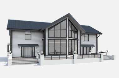 Evin 3D görüntüsü beyaz renkte izole edilmiş.