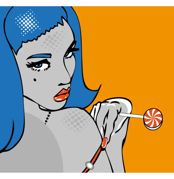 Sexy Girl with lollipop on retro Background.Hot popart comics — Stock Photo, Image
