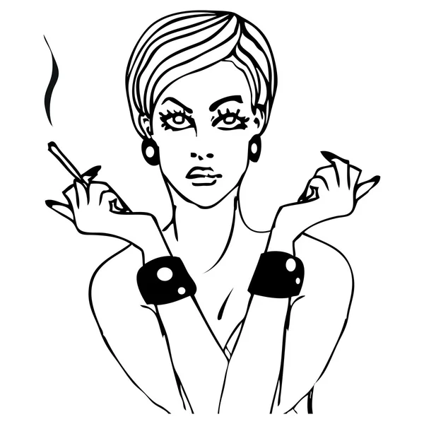 女の子ポップ アート スタイルのタトゥー インク イラストを喫煙の肖像画 — ストック写真