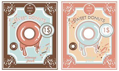 Vintage nostaljik Donuts posterler ayarlayın. Vektör çizimler.