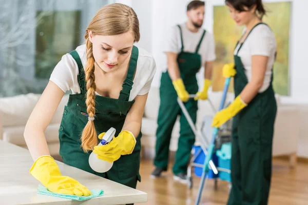 Girl polishing the table — Stock Photo, Image