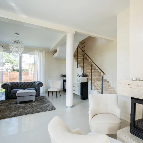 Horizontal view of modern interior with fireplace — Stock Photo, Image