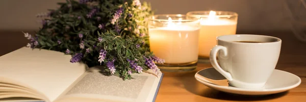 Calm evening with book and tea — Stock Photo, Image