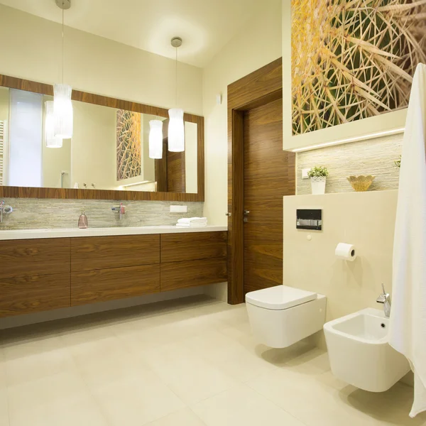 Prostorná koupelna s dřevěným nábytkem — Stock fotografie