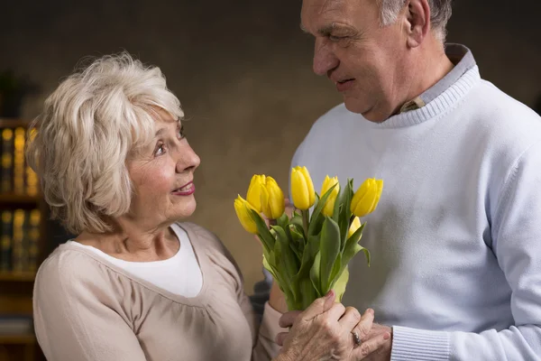 Idosos segurando tulipas Fotografias De Stock Royalty-Free