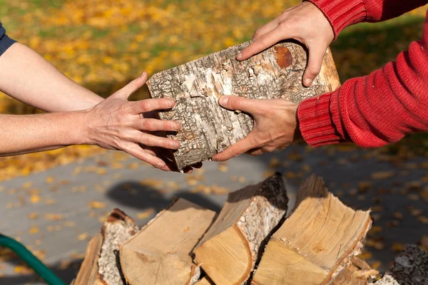 Hände, die Holz halten — Stockfoto