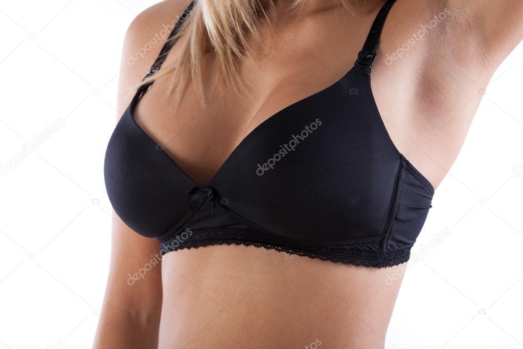 Woman wearing black bra