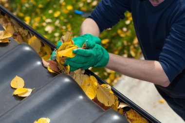 schoonmaken van de regengoot in de herfst