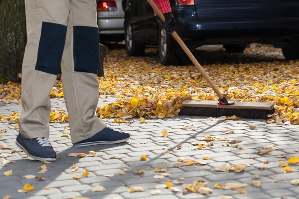 Brooming entrada de carro de folhas — Fotografia de Stock