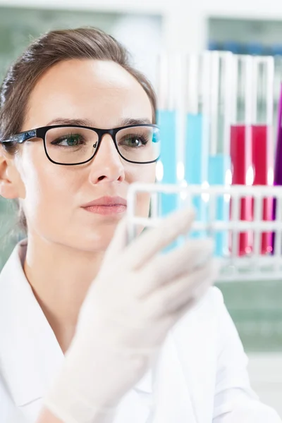 Chemiker blickt auf Reagenzgläser — Stockfoto