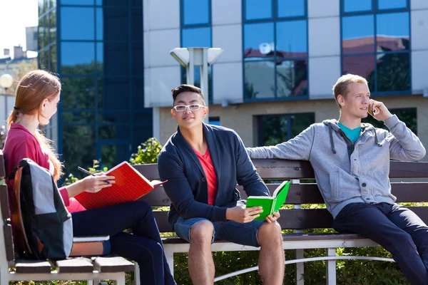 Studenti sedí na lavičce — Stock fotografie