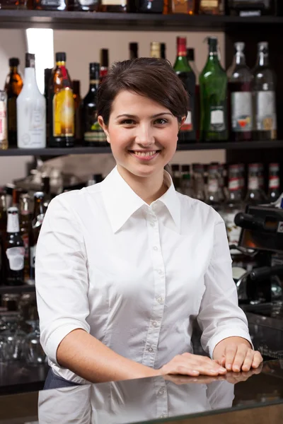 Junge Frau arbeitet an der Bar — Stockfoto