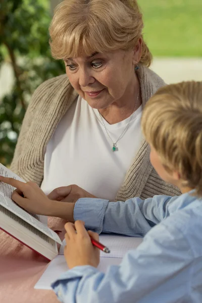 Oma und Enkel lesen Buch — Stockfoto